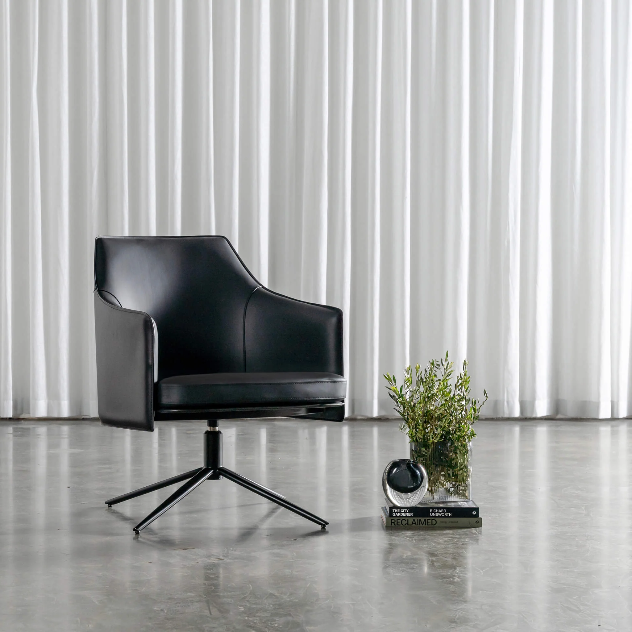 BOLINA MID CENTURY VEGAN LEATHER SWIVEL ARMCHAIR  |  NOIR BLACK - Image 3