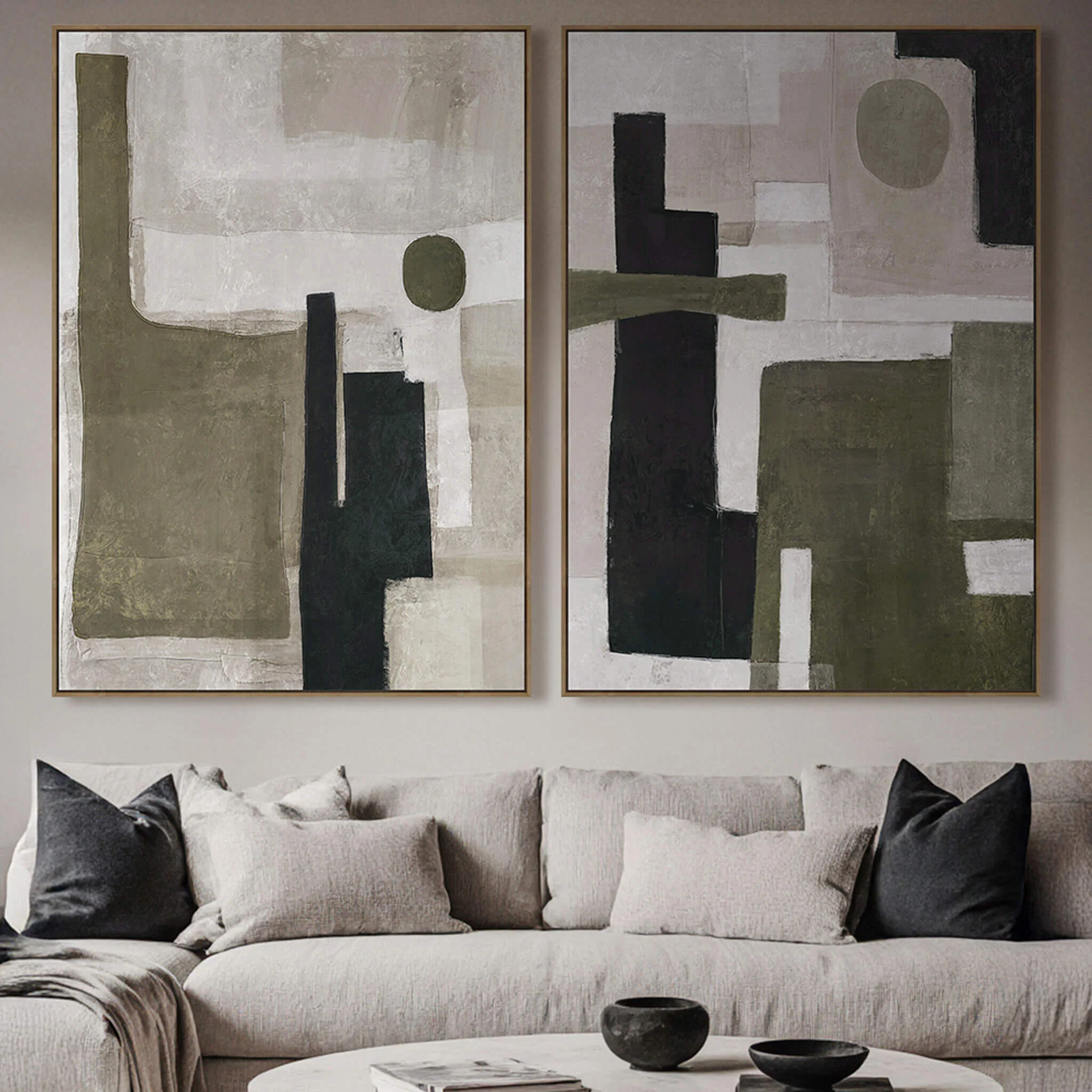 LBD EXCLUSIVE | ALASSIO FRAMED CANVAS PRINT | SET OF 2 | 90 X 120CM | OLIVE + TAUPE + DEEP CHARCOAL | OAK NATURAL FRAME - Image 2