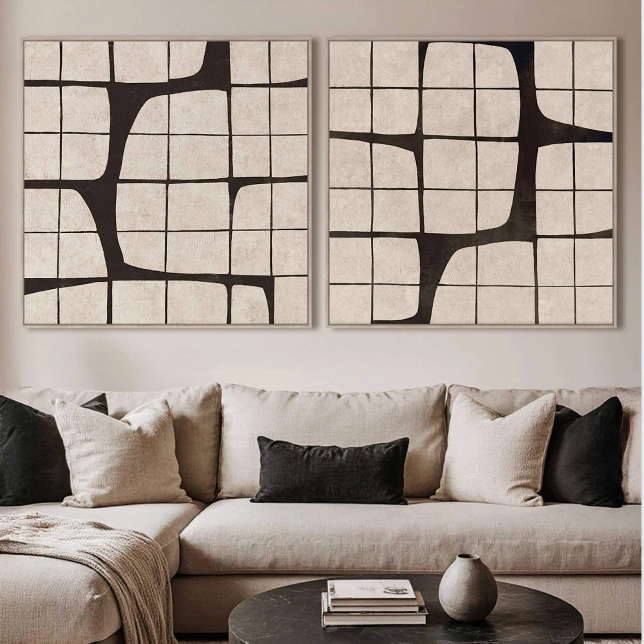 LBD EXCLUSIVE  |  CORTINA FRAMED CANVAS PRINT |  SET OF 2  |  100X 100CM  |  SAND + BLACK NOIR  |  LIGHT NATURAL FRAME - Image 2