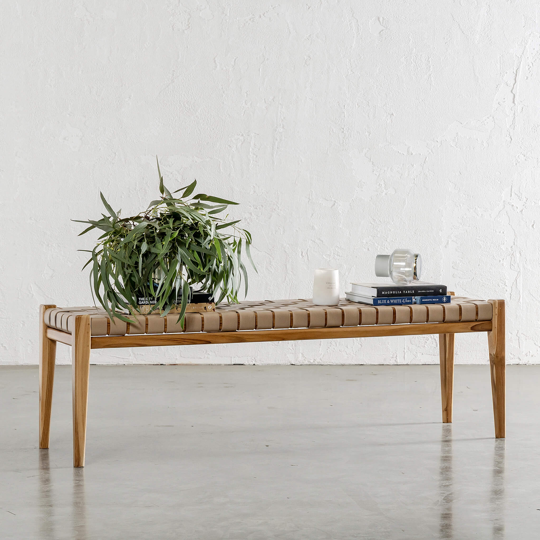 MALAND WOVEN LEATHER BENCH | LIGHT TAUPE LEATHER
