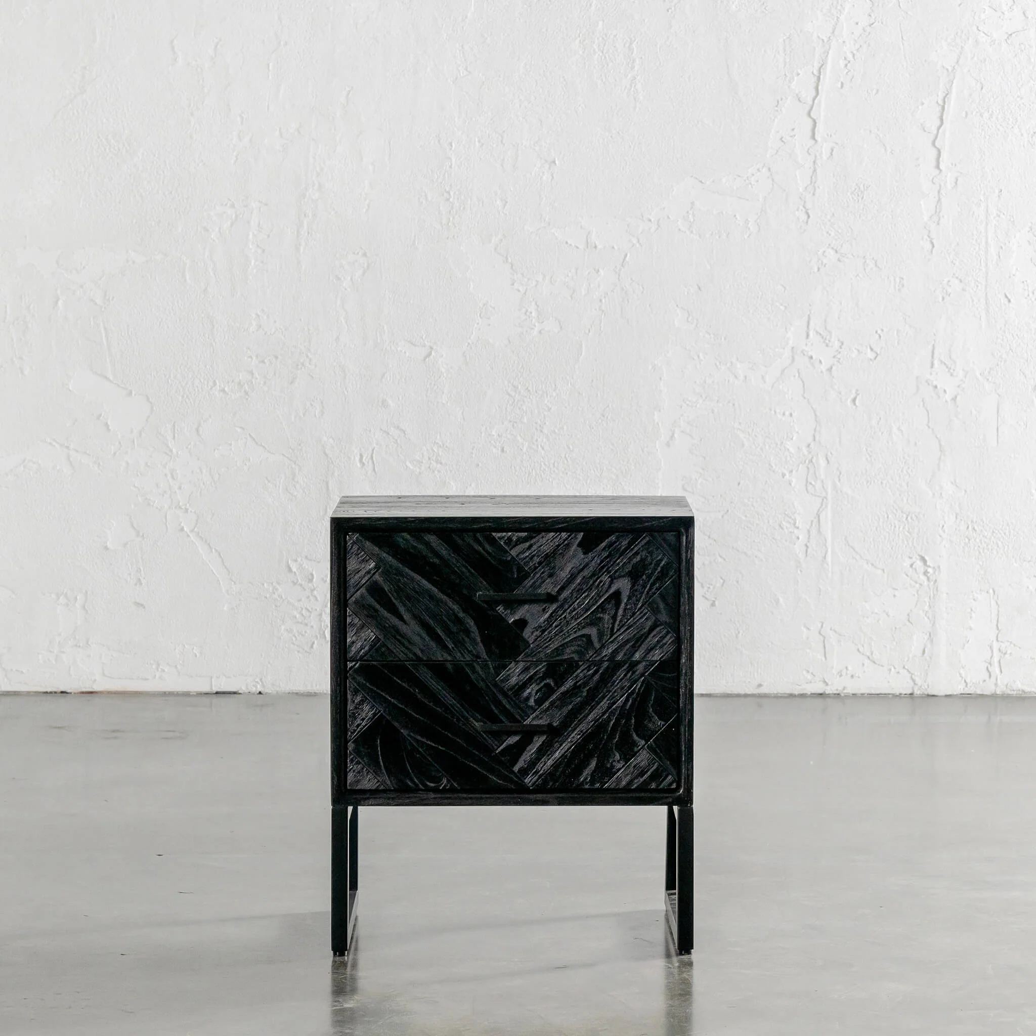 MAXIM PARQUETRY HERRINGBONE BEDSIDE TABLE | 2 DRAWERS | BLACK - Image 3