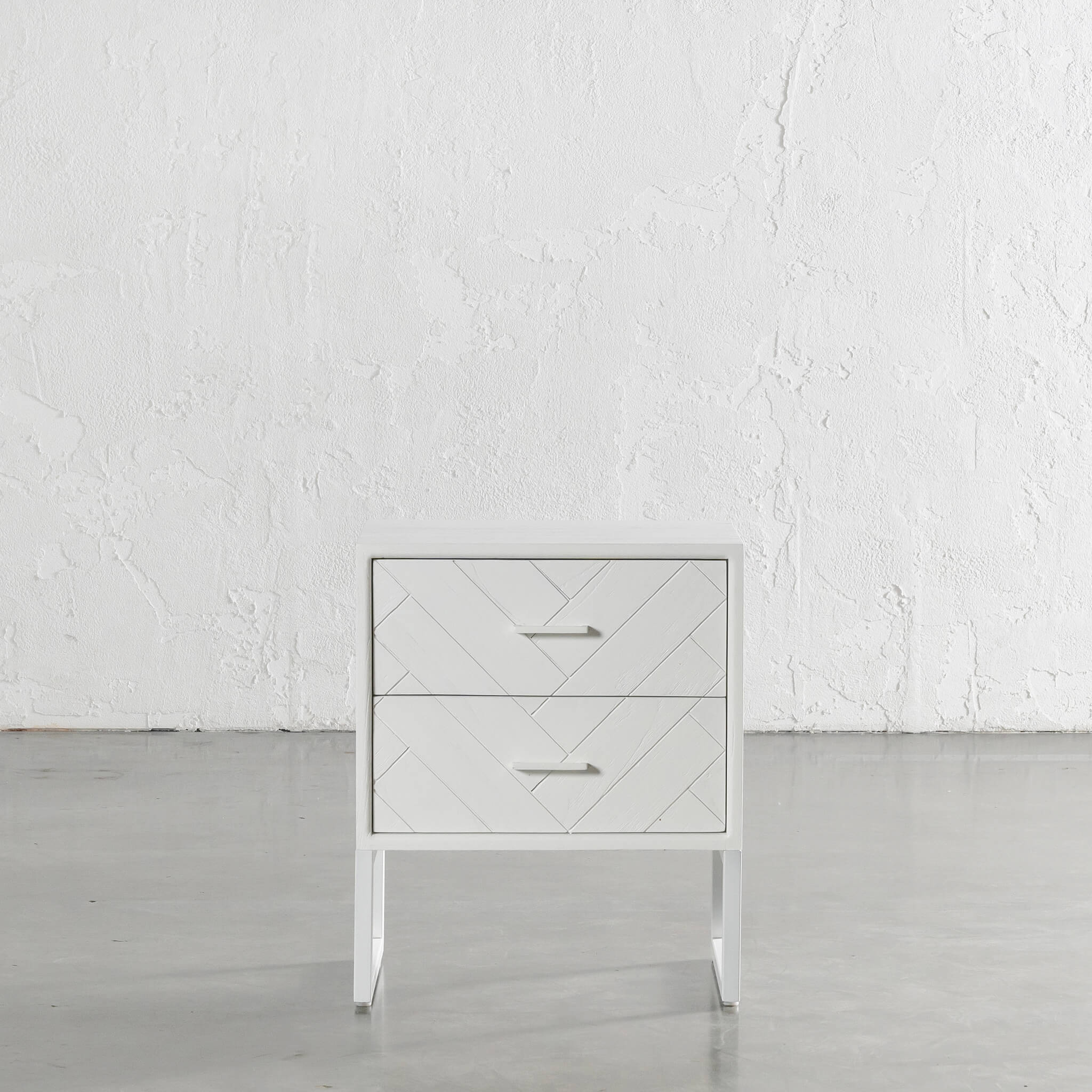 MAXIM PARQUETRY HERRINGBONE BEDSIDE TABLE | 2 DRAWERS | WHITE - Image 4