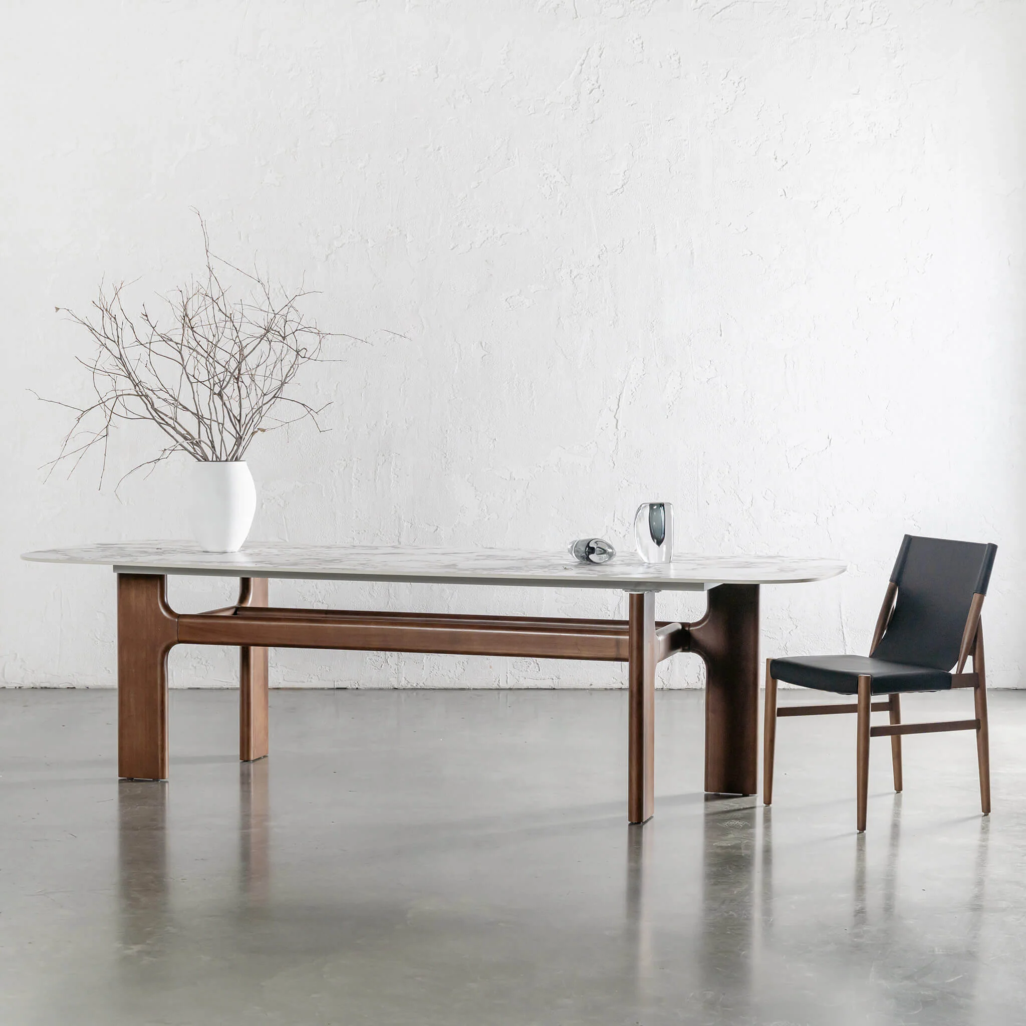 MONTAGNA CERAMICA DINING TABLE   |  230CM + 270CM  |  DEEP WALNUT WOOD GRAIN  |  BULGARI MARBLE AUTUMNAL WARM