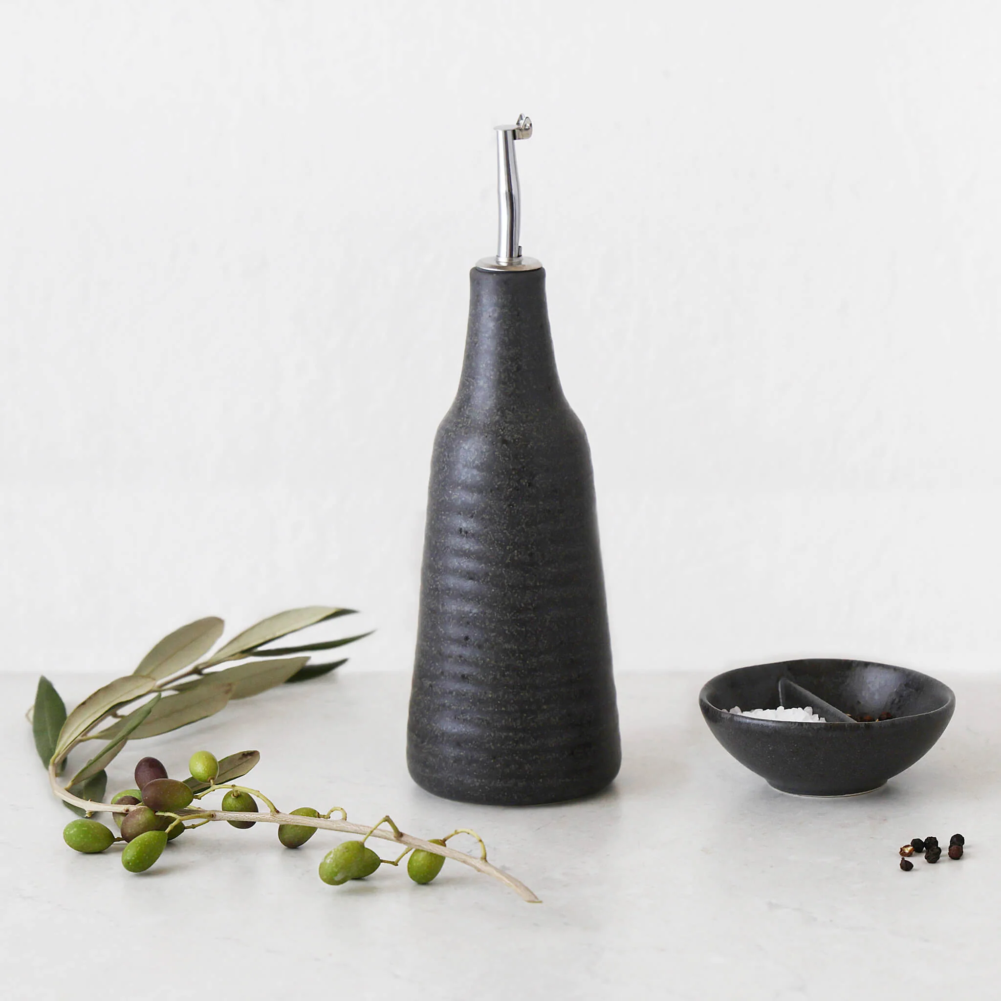 OTTAWA STONEWARE OIL BOTTLE + SALT DISH 2 PIECE SET | STONE