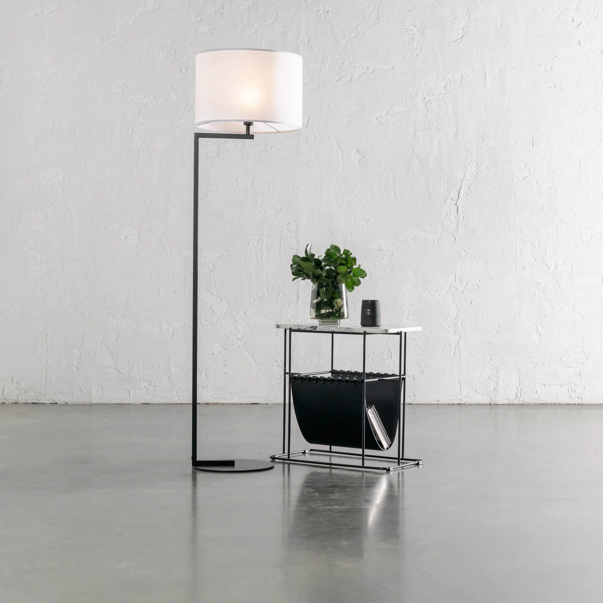 PANZANO MAGAZINE HOLDER + SIDE TABLE | BLACK NOIR LEATHER + MARBLE - Image 4