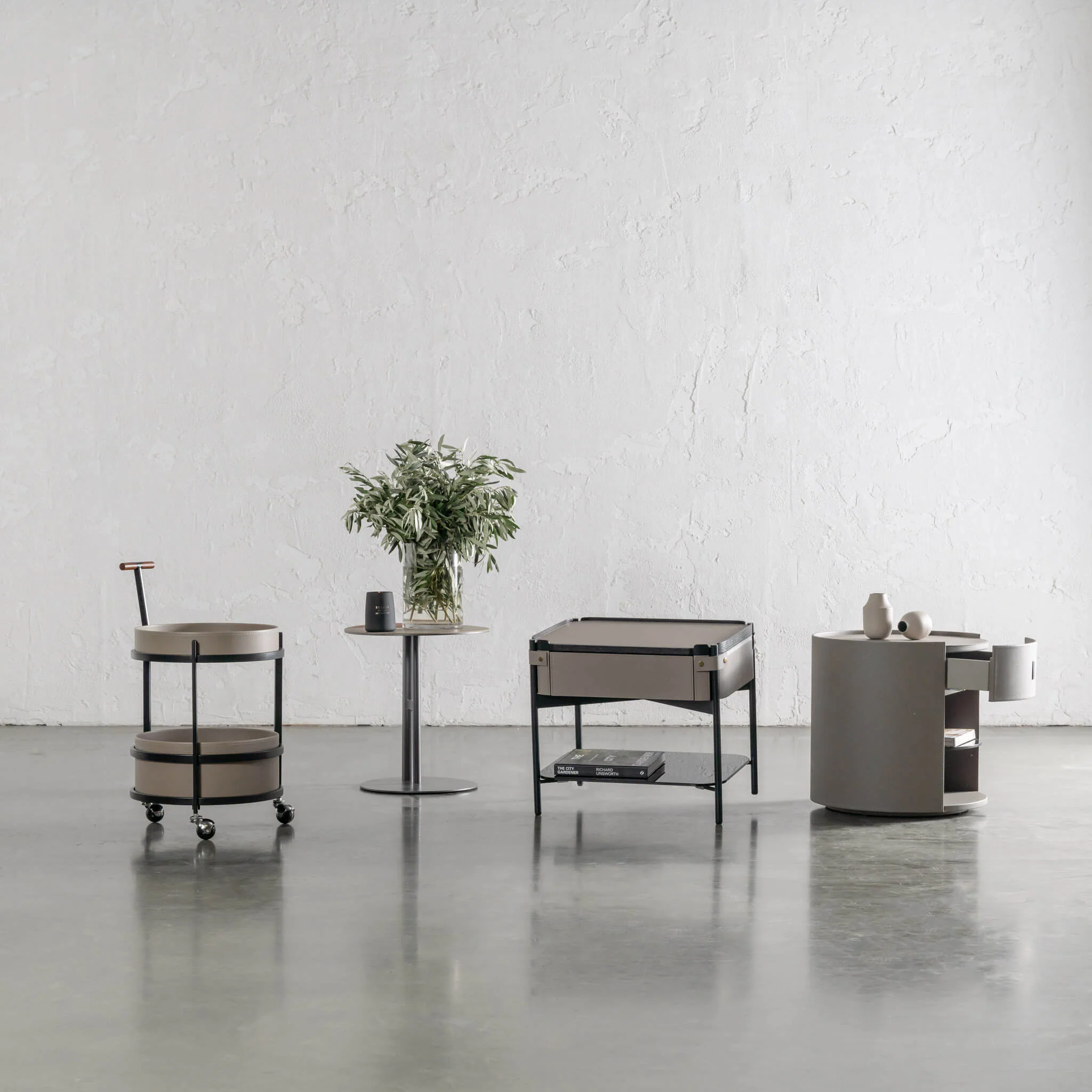 PANZANO ROUND BEDSIDE WITH DRAWER | DEEP ASHEN LEATHER - Image 3