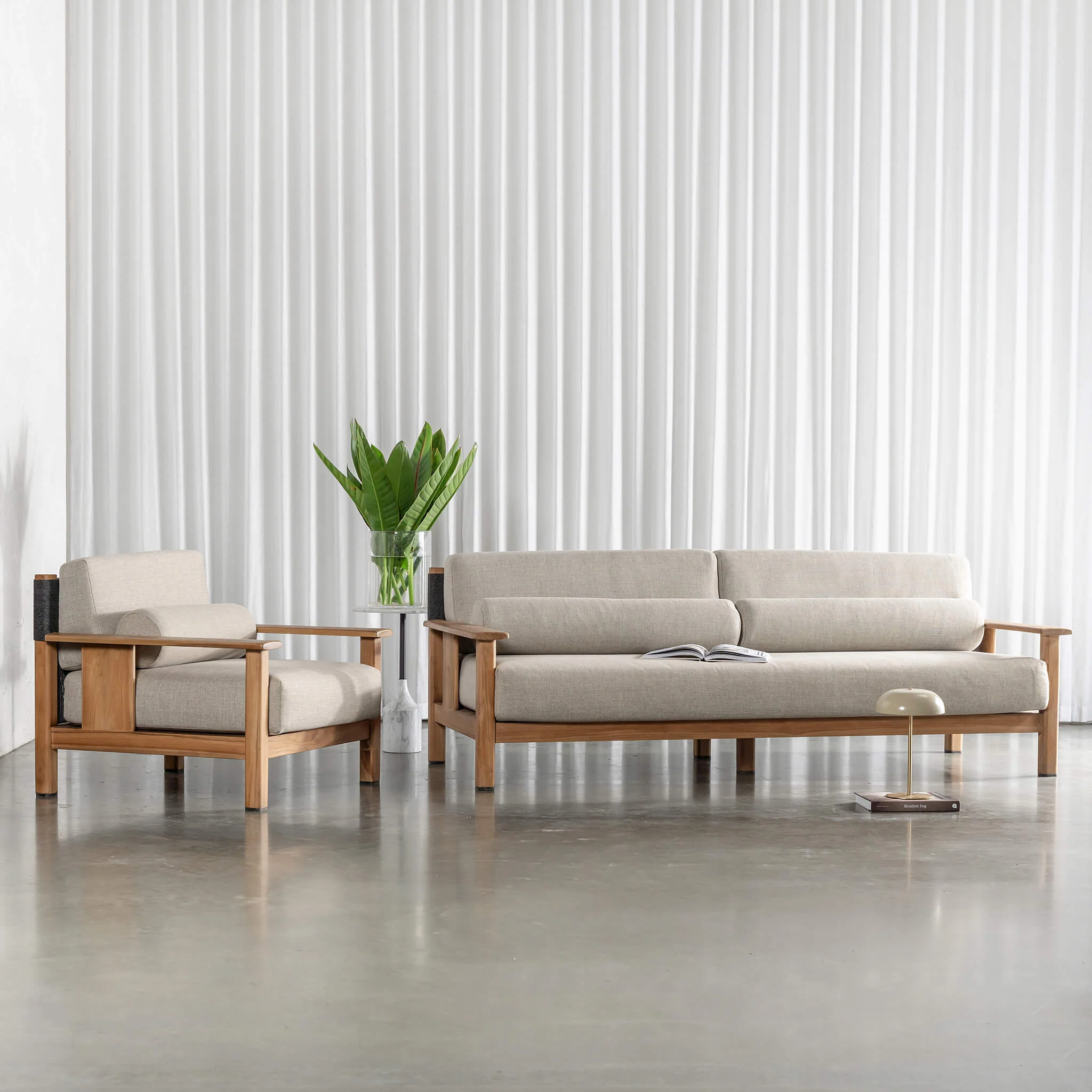 RIVA LEVANTE OUTDOOR 3 PIECE BUNDLE  |  PORTLAND STONE + BLACK NOIR ROPE | NATURAL TEAK FRAME - Image 12