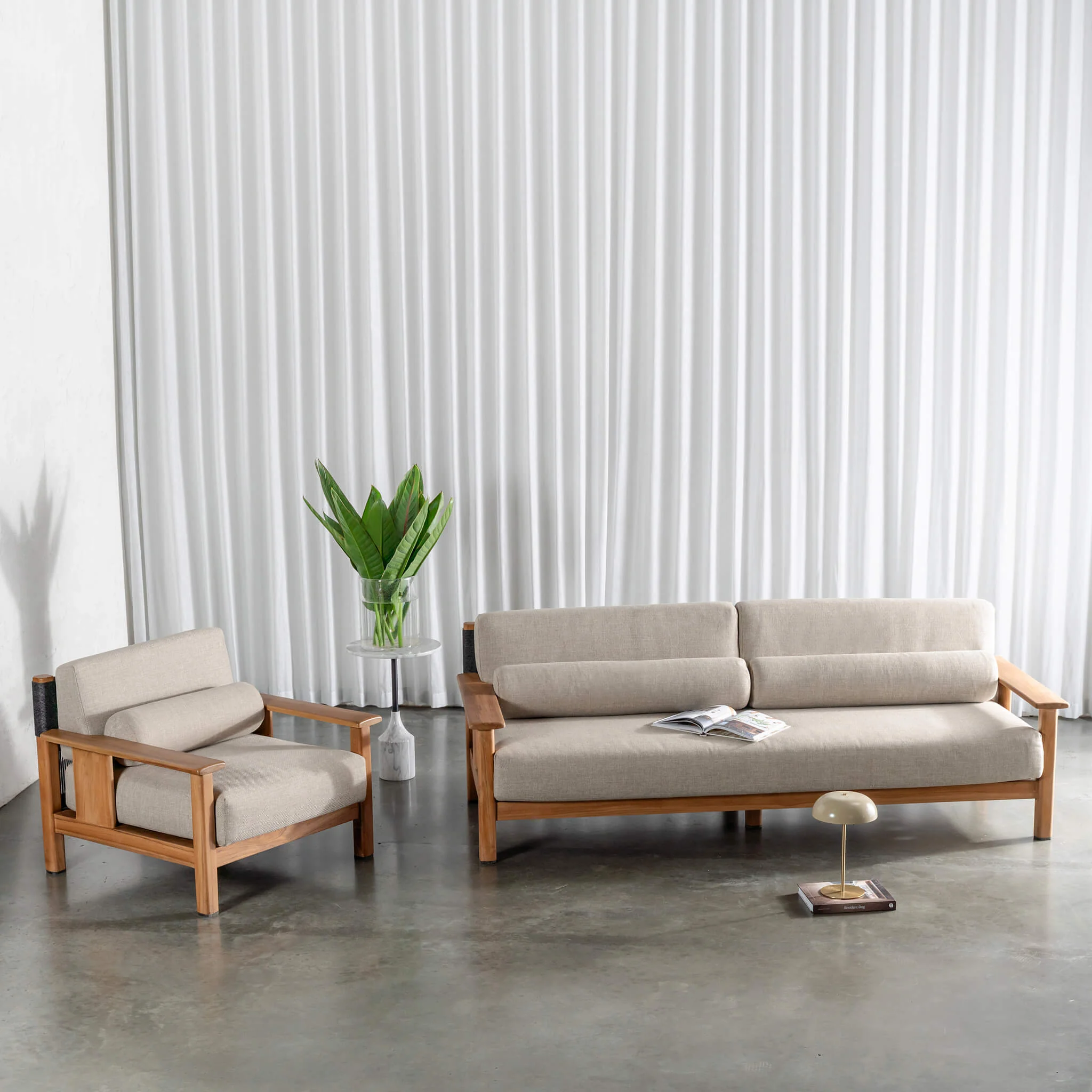 RIVA LEVANTE OUTDOOR 3 SEATER SOFA  |  PORTLAND STONE + BLACK NOIR ROPE  |  NATURAL TEAK FRAME - Image 4
