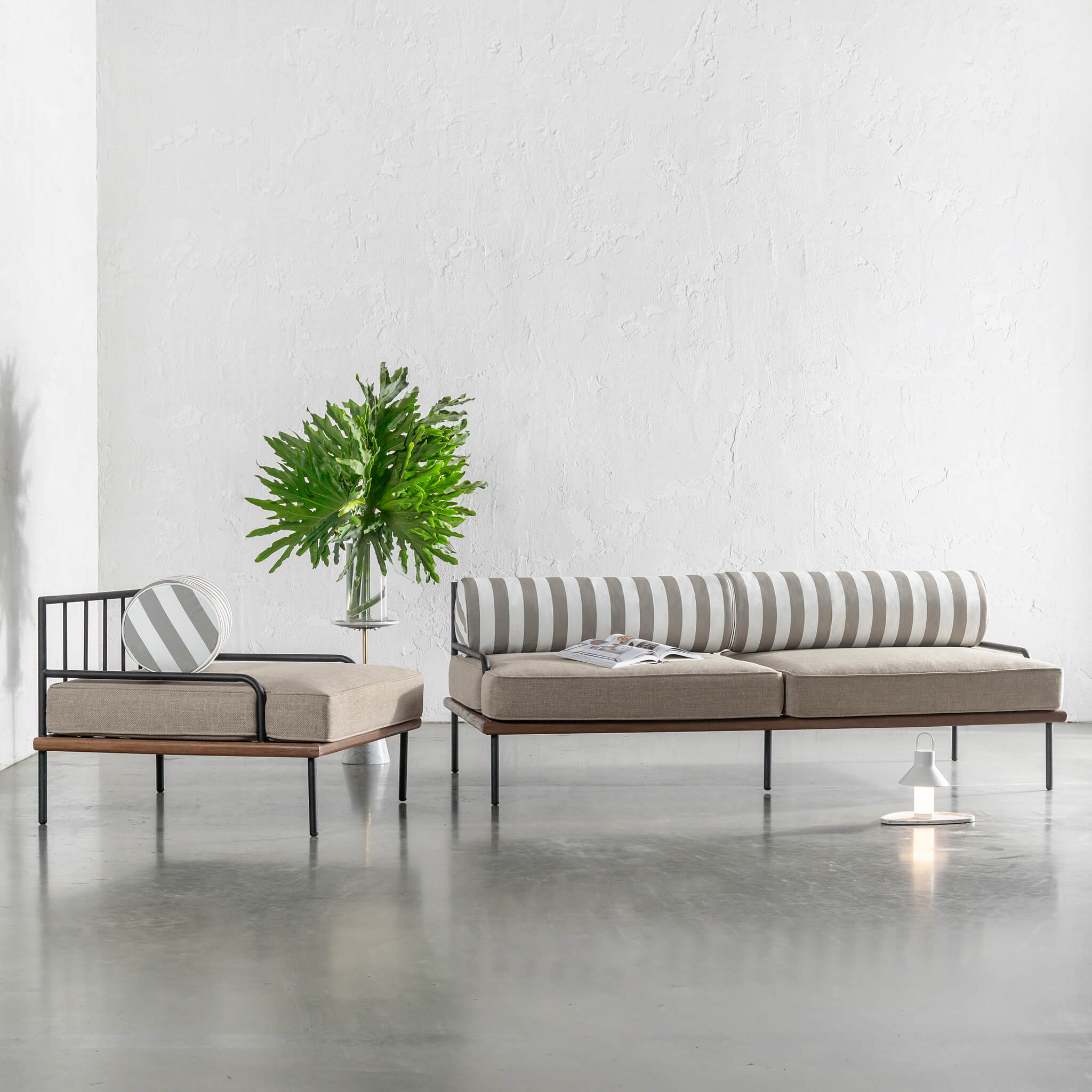 SAN ANDREAS 3 SEATER OUTDOOR SOFA + ARMCHAIR BUNDLE  |  BALSA STONE + WHITE SEASIDE STRIPE