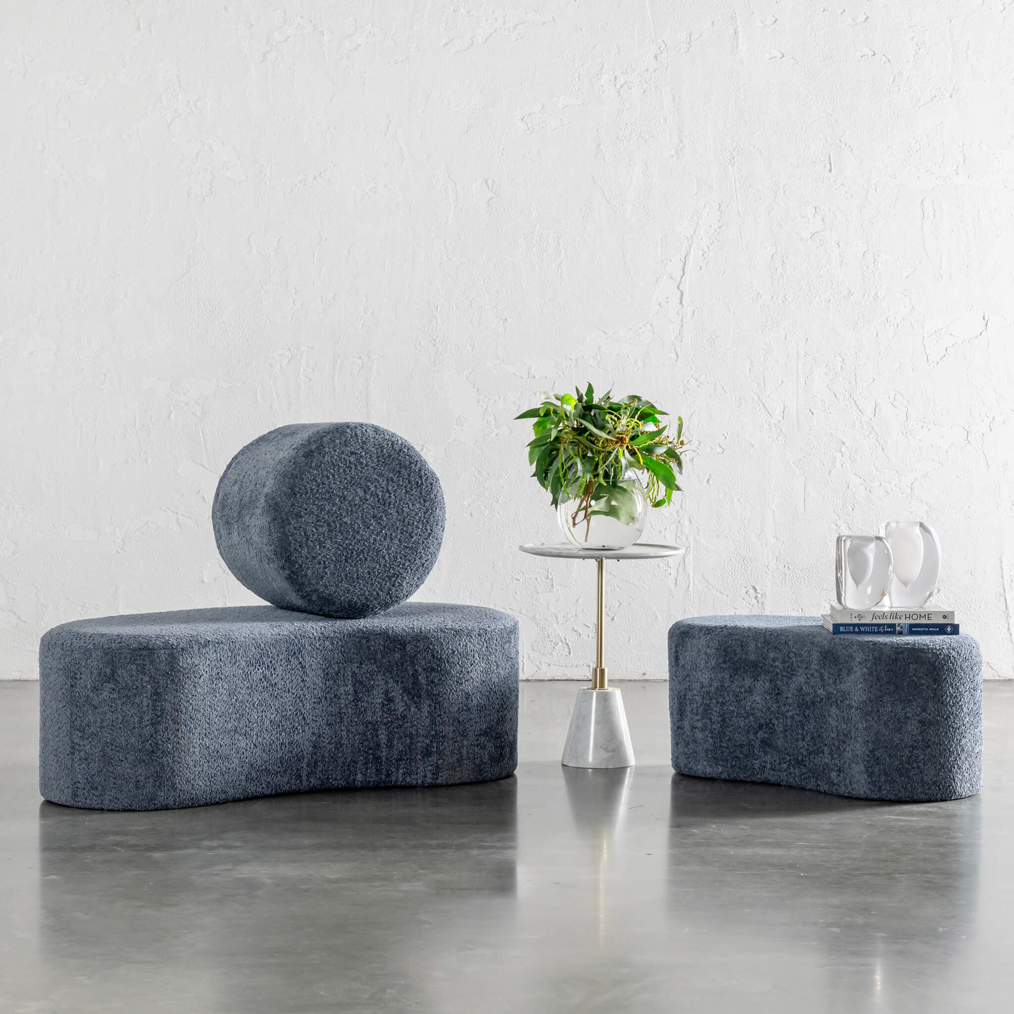 SEVILLA ORGANIC OTTOMAN BUNDLE X3 | ROUND OTTOMAN + 2 X BEAN BENCHES | REEF NAVY BOUCLE