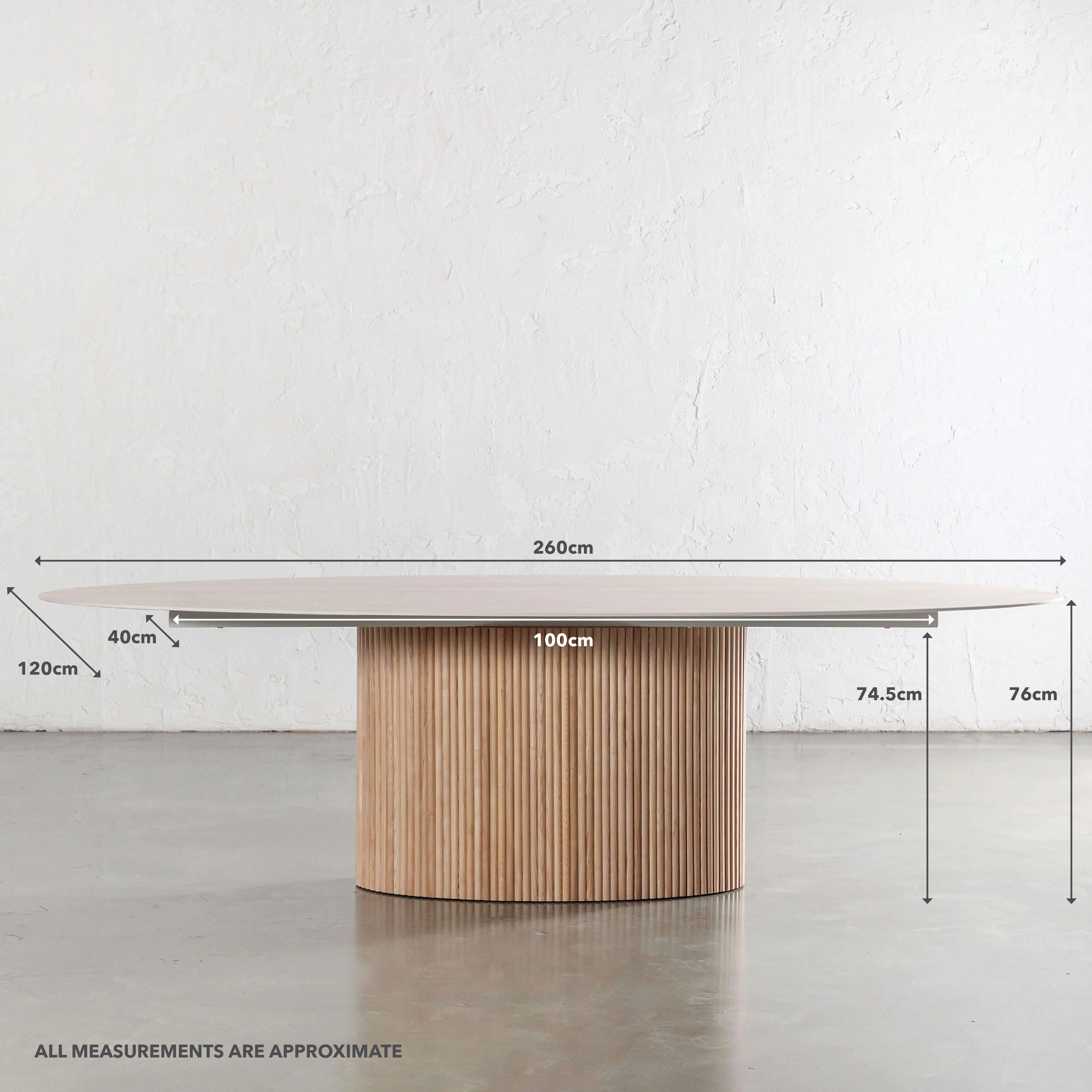 VITOLO CERAMICA OVAL PILLAR DINING TABLE  |  BIRCH ASH  |  TRAVERTINE TUMBLED BEIGE TOP  | 260CM - Image 8