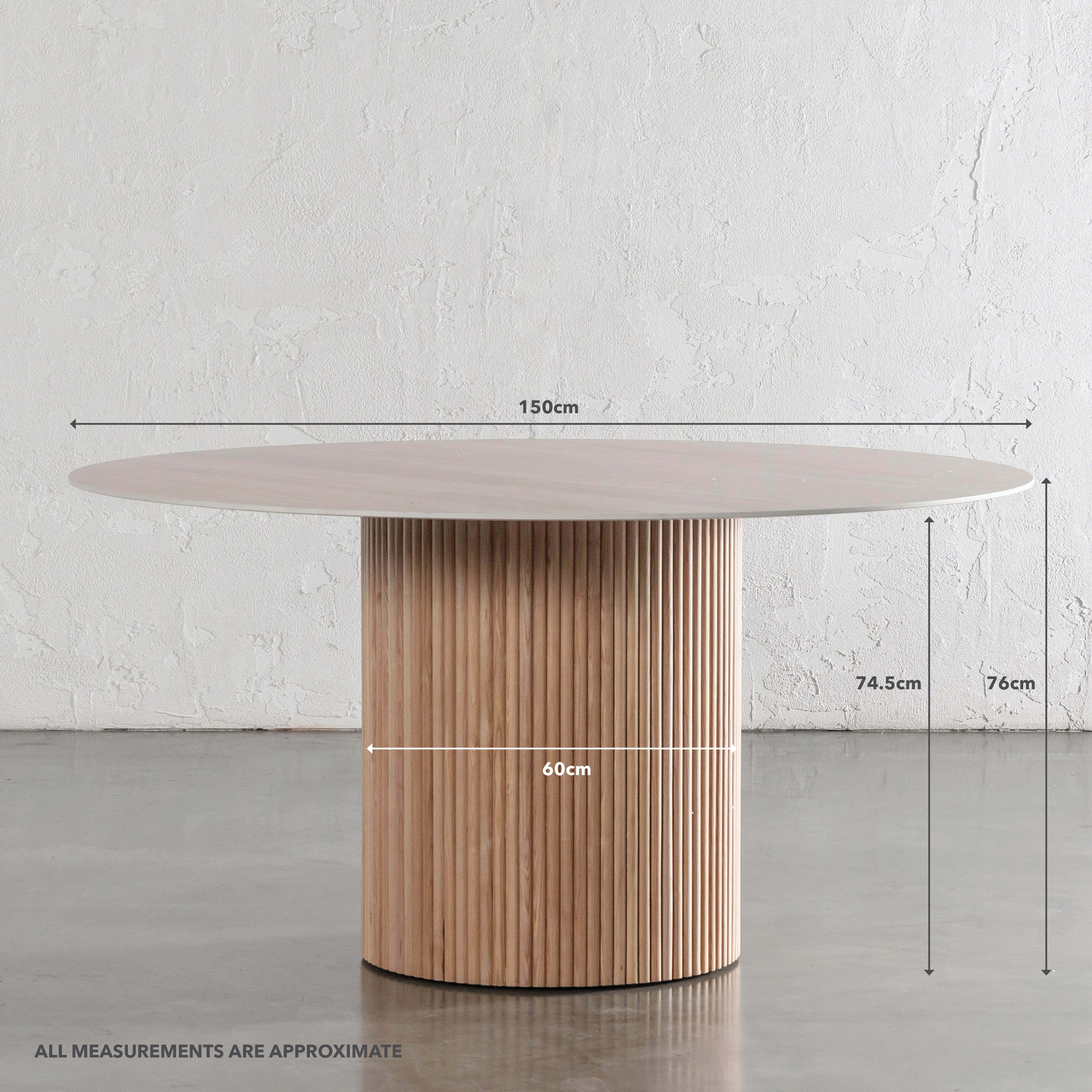 VITOLO CERAMICA ROUND PILLAR DINING TABLE  |  BIRCH ASH  |  TRAVERTINE TUMBLED BEIGE TOP  |  150CM - Image 8